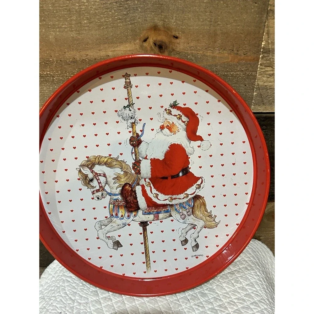 VTG  1991 Giordano / Giftco Santa Riding A Carousel Horse Round Metal Tin Tray